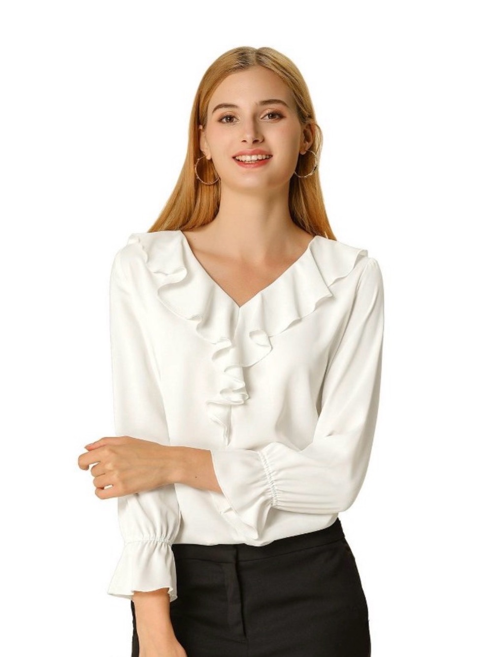Allegra K White Ruffle V-Neck Long Sleeve Blouse